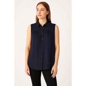 Ann Taylor Blouse Womens Size XSmall Navy Sleeveless ButtonUp Flowy Fabric Chic